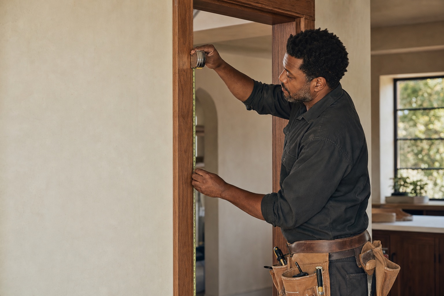 Contractor carefully measuring interior wood trim