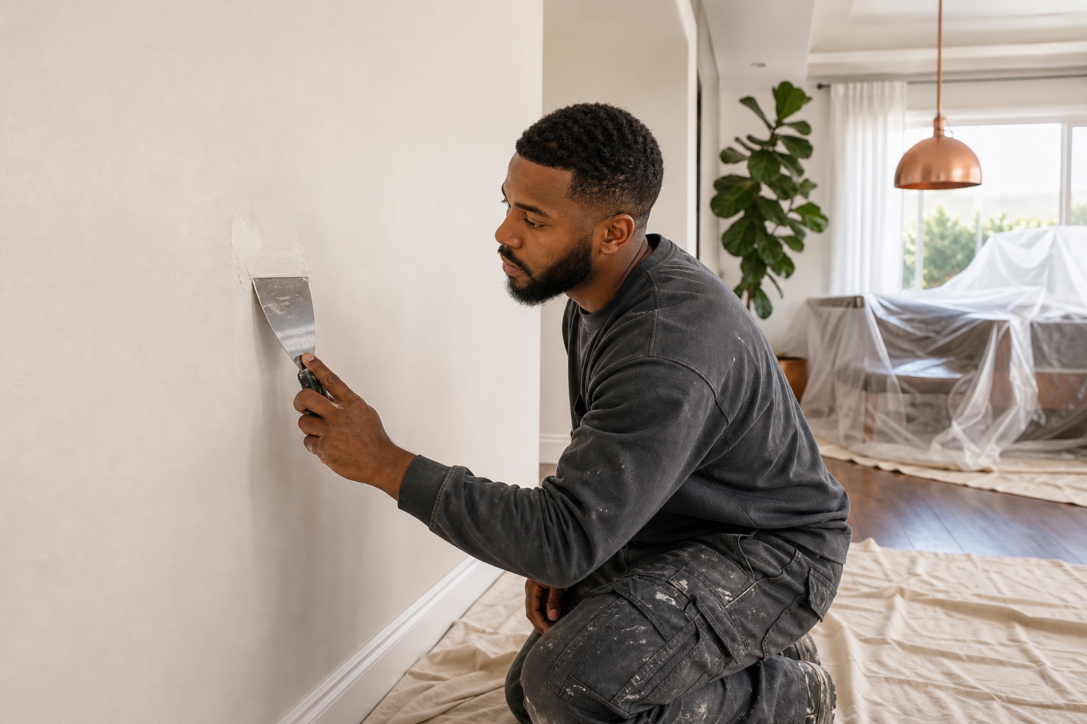 Repair professional smoothing a small drywall patch in a protected living space