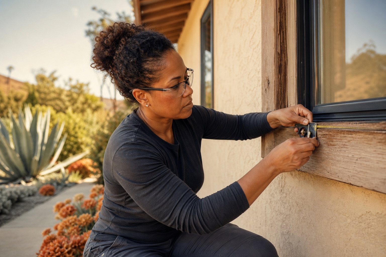 Contractor measuring weathered wood trim beneath an exterior window
