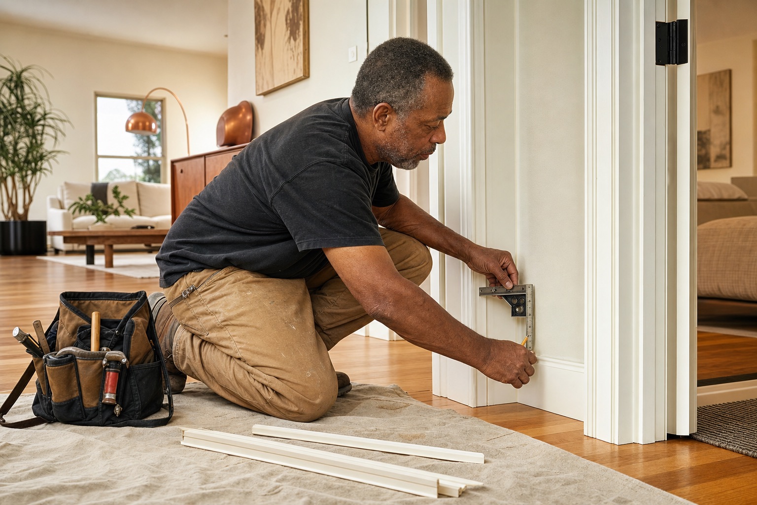 Finish carpenter checking trim alignment beside an interior doorway